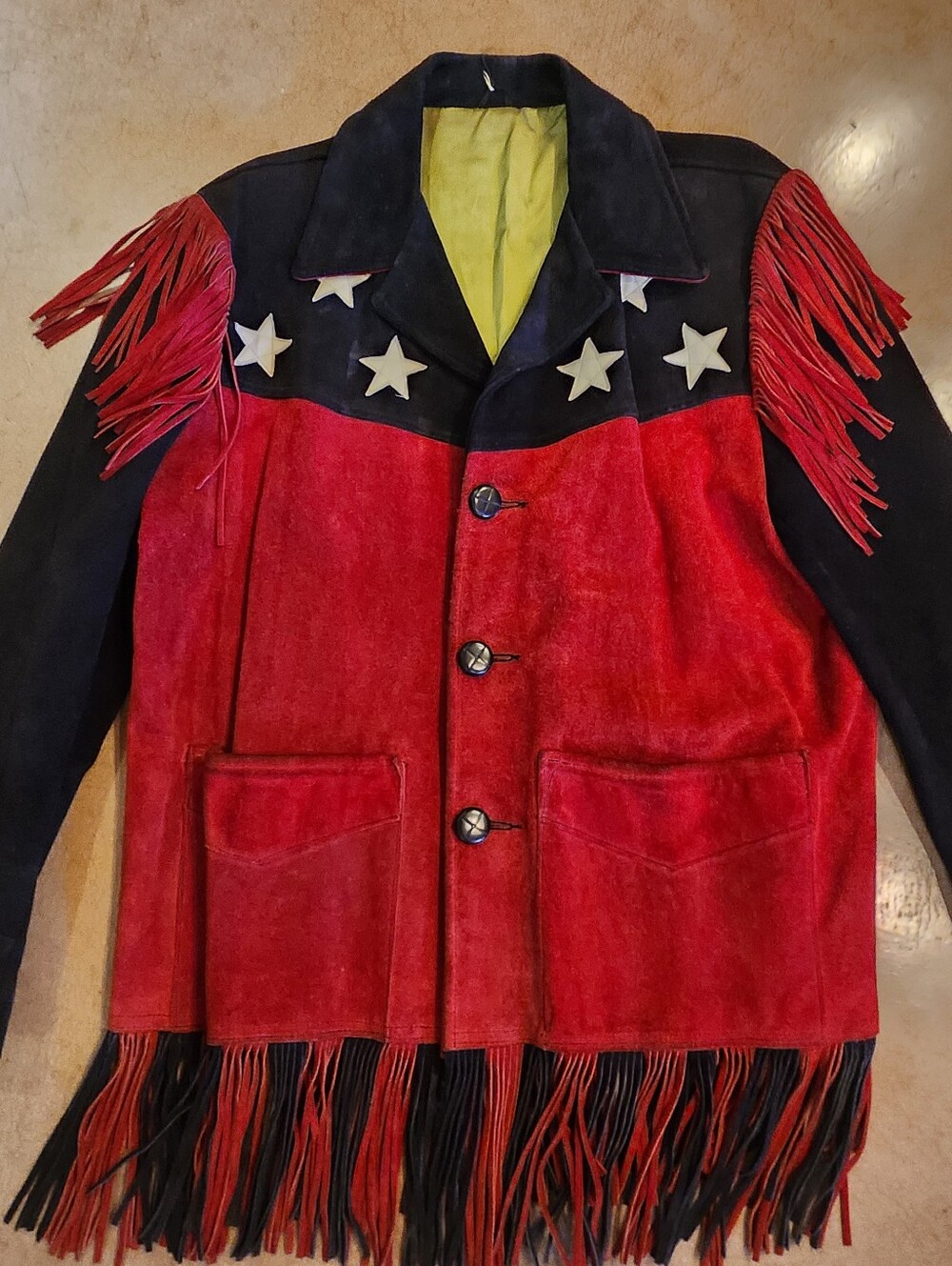 Vtg 70s Red White Blue Stars Stripes Flag Suede Leather Fringe Coat Jacket Hippy
